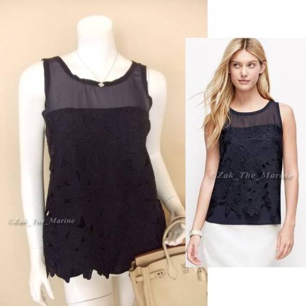 新作 アンテイラー 今季 フラワー レース リボン 紺 トップ XS拍卖