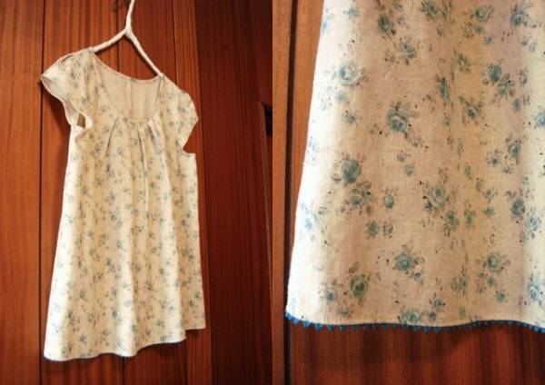 キャップ袖タックPO★ブルーローズ 綿麻 ハンドメイド 拍卖