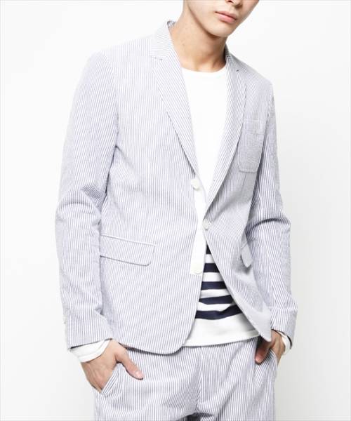 新品未使用VJJ2148サイズM【VANQUISHシアサッカー三釦ジャケット】青ブルーアウターメンズ紳士拍卖