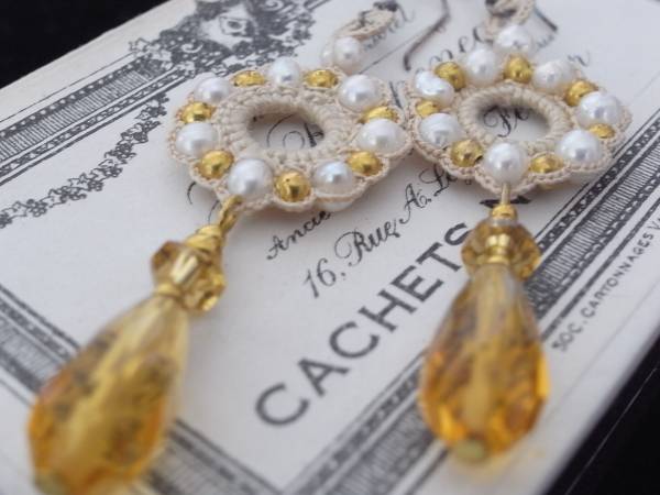 ◆新入荷◆ハンドメイドパール・アンバーカギ針ピアス拍卖