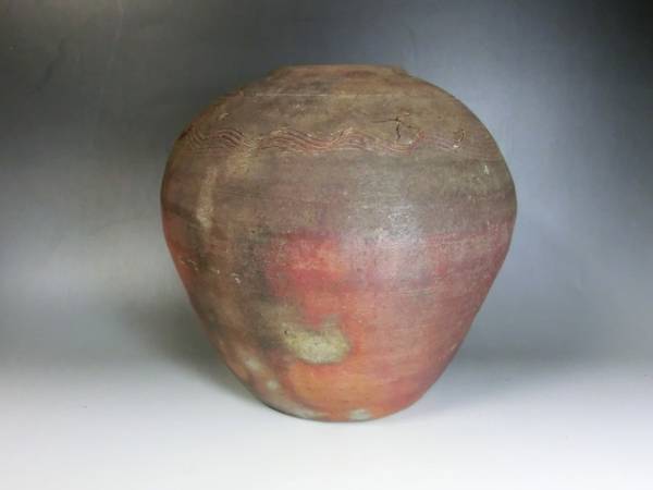 壷■古備前「堂」素焼き 箆目 古い花瓶花器 丸古壺 時代物 骨董品 古美術■拍卖