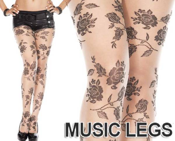 A412)MusicLegsローズシアーストッキングベージュ黒タイツ薔薇柄拍卖