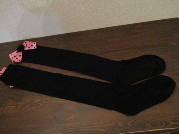 ピンクドットリボン付き黒ハイソックス(新品)33116拍卖