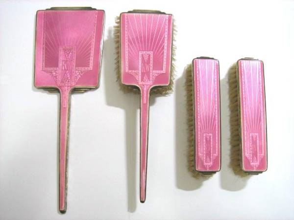 アンティーク ヨーロッパ ピンクエナメル鏡・ブラシ セット 拍卖