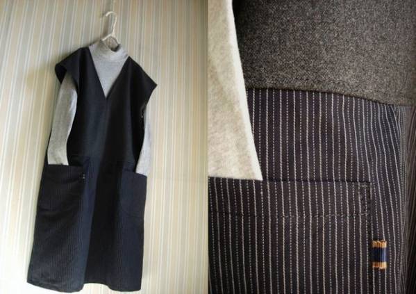 深Vネック裏付OP★濃グレー&綿麻ストライプ濃紺 ハンドメイド 拍卖