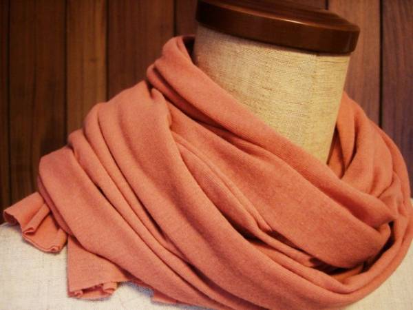 極薄綿麻ニットストール★サーモンピンク ハンドメイド 拍卖