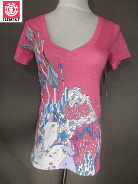 Made in USA エレメント綺麗なプリントVネックTシャツUS S Pink拍卖