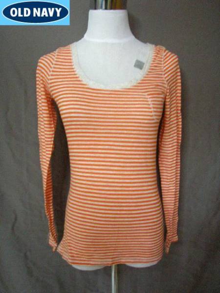 即決 アメカジ OldNavy ポケット付ロングT US XS Orangeボーダー拍卖