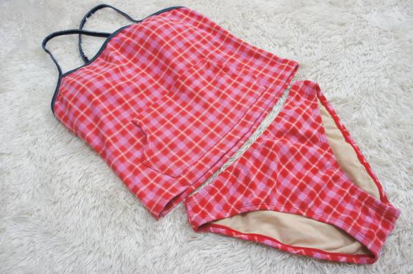 ●水着 9M●武蔵*タオルぽい赤チェック素材*タンキニ*海水浴拍卖
