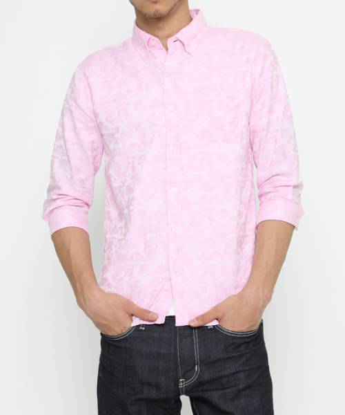 新品未使用VJS2153サイズL日本製Made in Japan【VANQUISH紳士七分袖シャドーカモフラシャツピンク】メンズ カジュアルシャツ拍卖