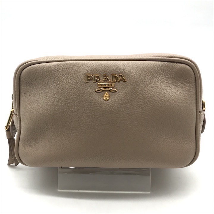 良品 PRADA プラダ レザー ポーチ ゴールド金具 ピンクベージュ 小物入れ レディース ブランド k4604