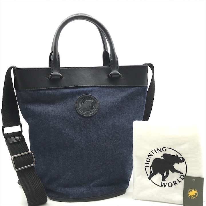 美品 HUNTING WORLD ハンティングワールド デニム 2WAY ハンド ショルダー バッグ ブルー k4643