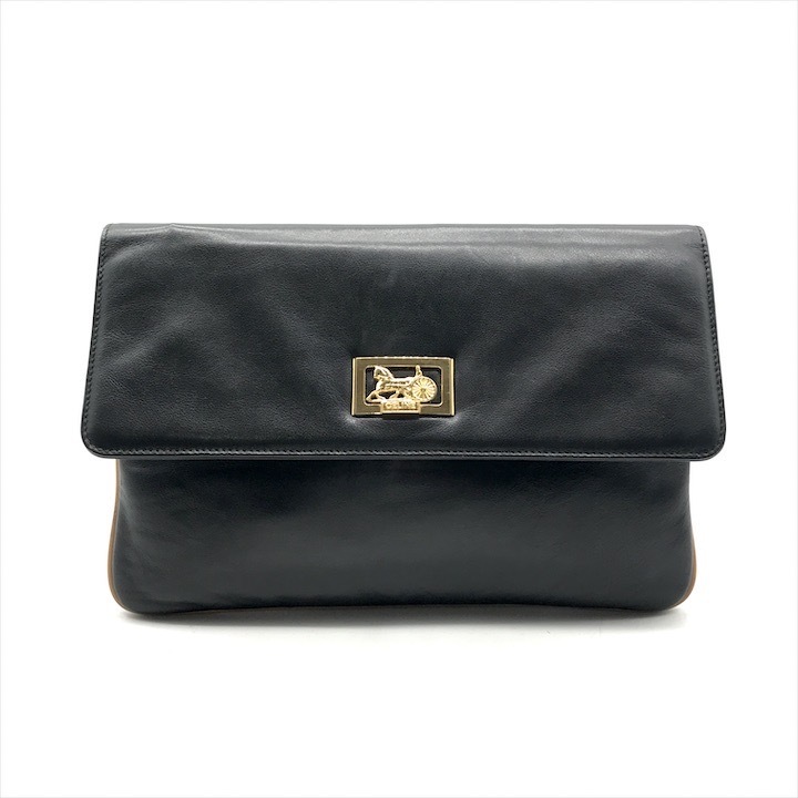 良品 CELINE セリーヌ 馬車金具 ヴィンテージ レザー セカンド クラッチ バッグ ブラック レディース a6711
