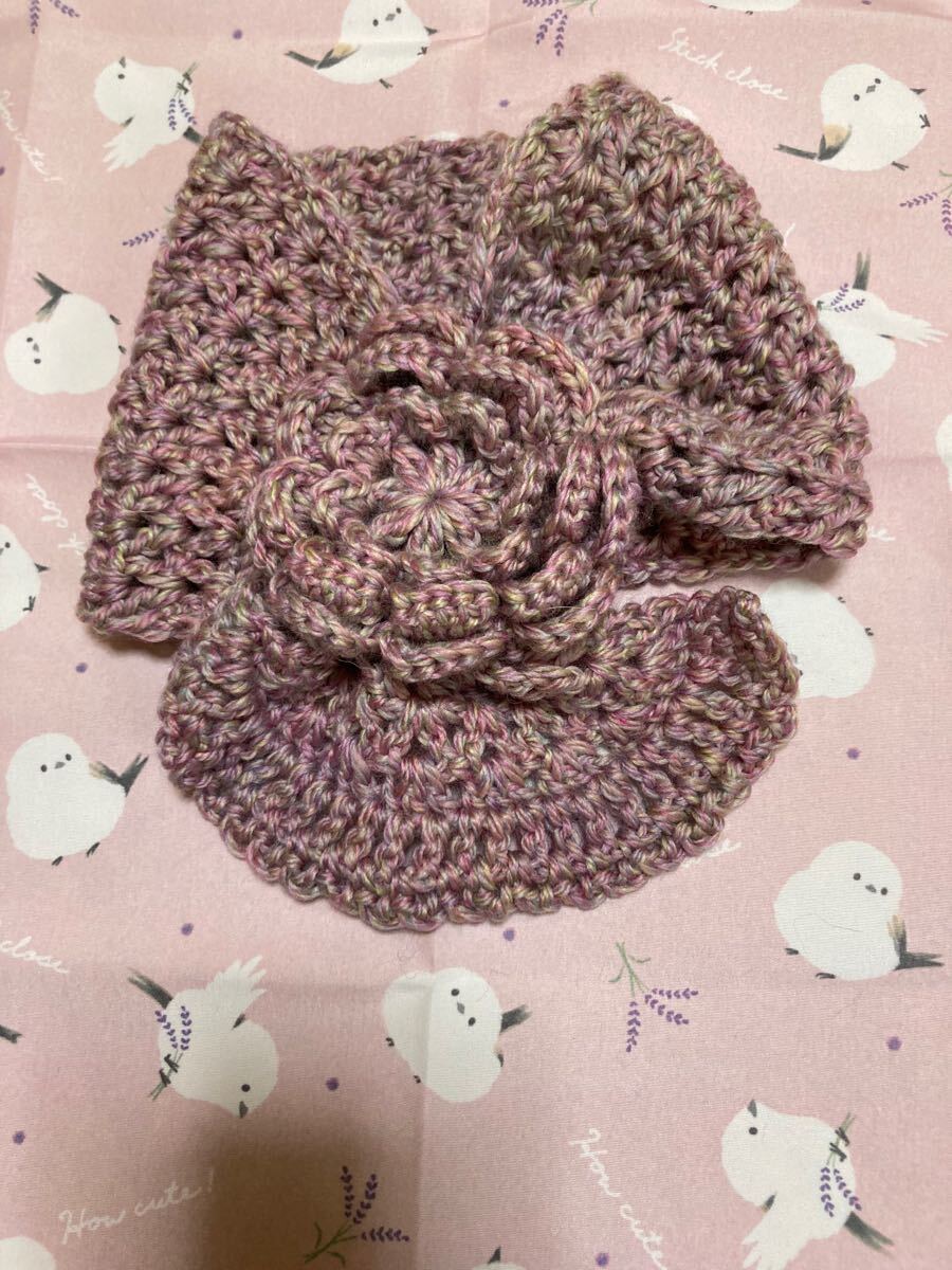 ハンドメイド ☆ミニマフラー☆お花☆手編☆ミックス☆ピンク系☆100