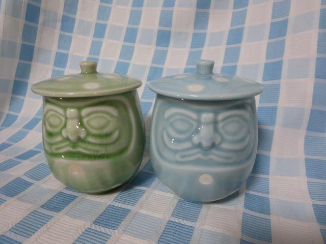 ダルマ湯呑み ペア フタ付き 緑&水色