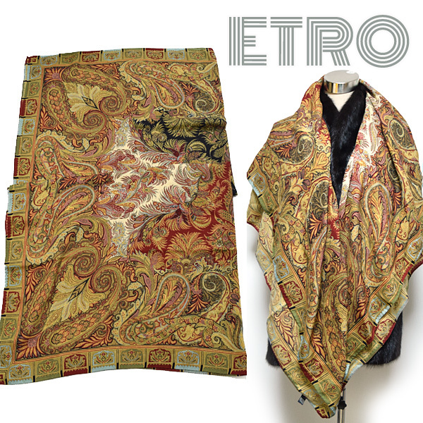 ETRO■133cmペイズリー柄超大判ウール×シルクショール　ストールマフラー　スカーフ イタリア製　エトロ