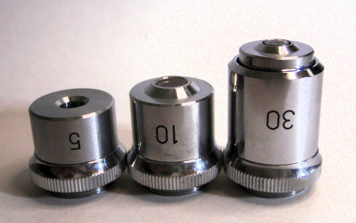 [JN610521Ob]●ノーブランド国産15mmマウント5,10,30倍対物レンズ3個セット.特注メーカー・ケース無.未使用USED扱・送料180円【匿名配送】