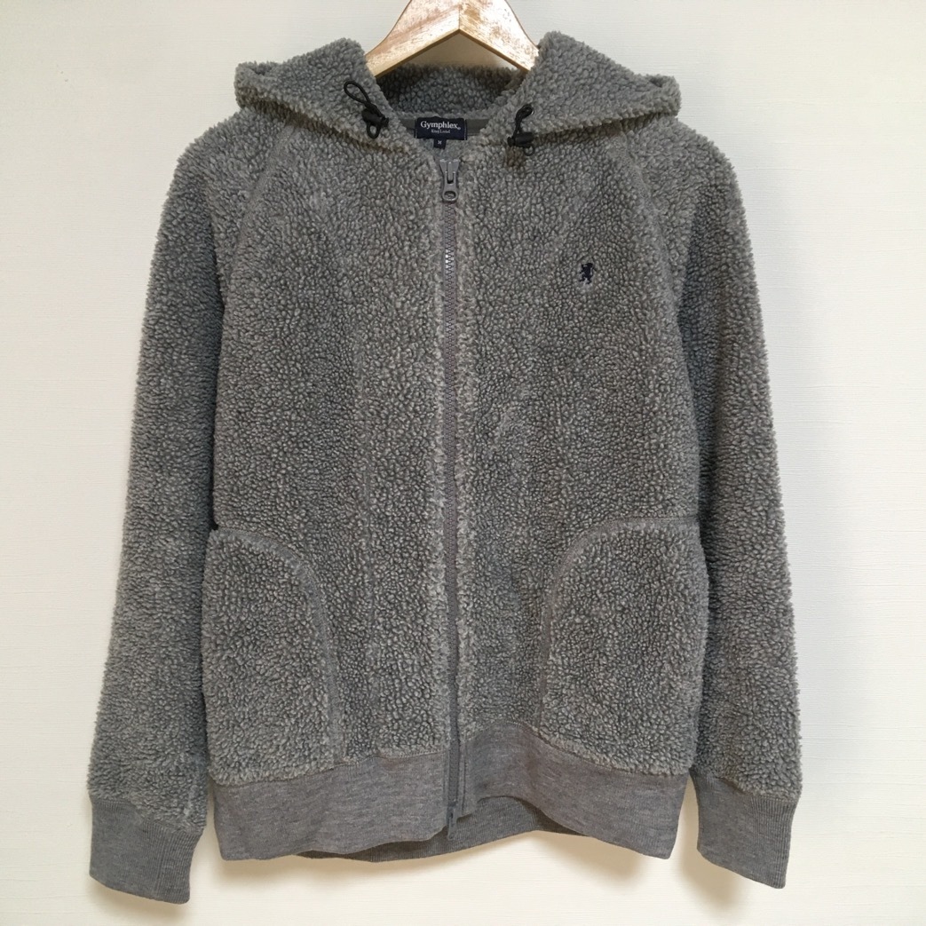 Gymphlex England ジップアップパーカー M グレー 古着 ジムフレックス イングランド ボア フリース パーカー ジムフレ 灰色 ラグラン 