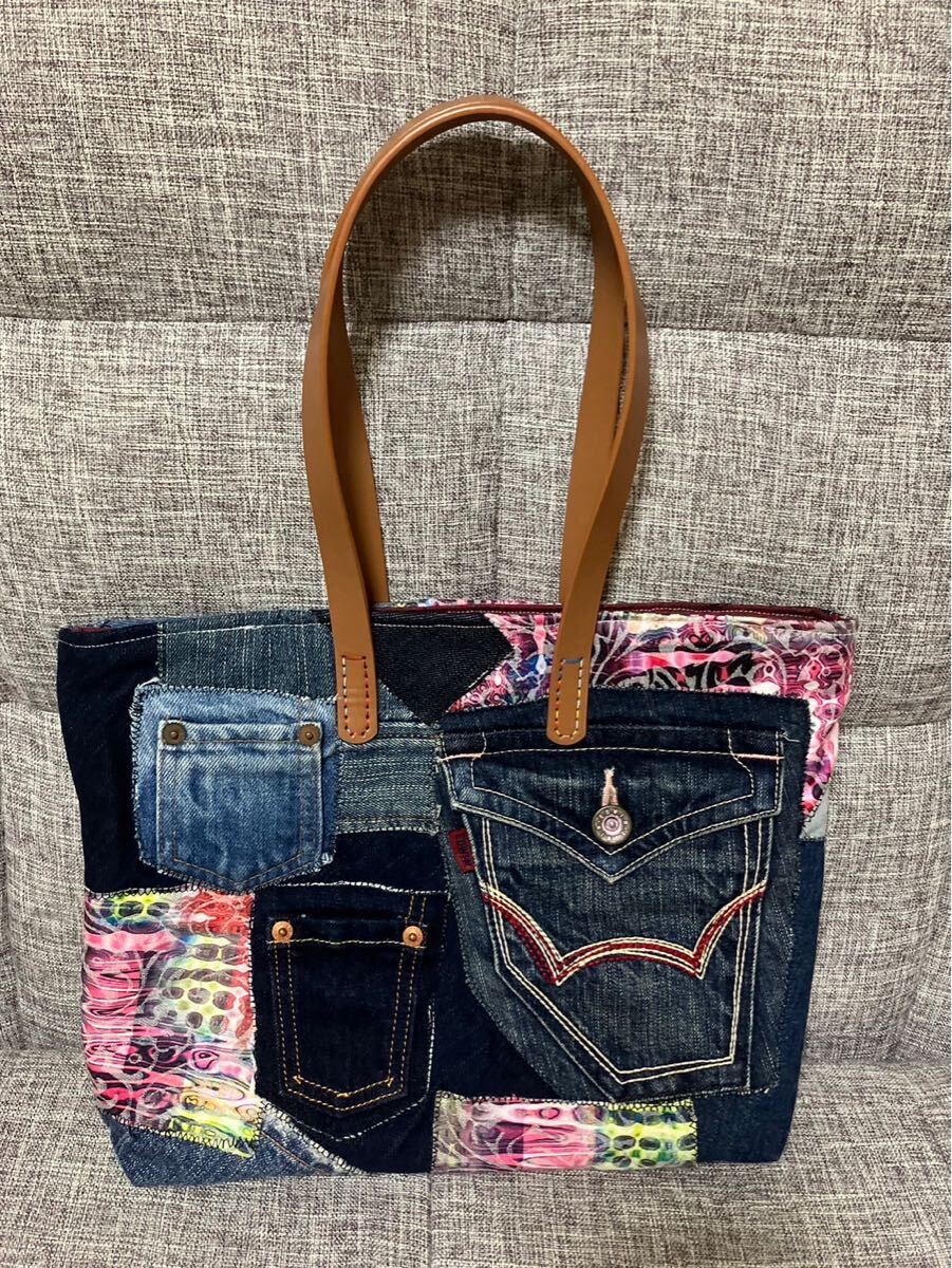 アンズルーム★ハンドメイド★デニムリメイク　トートバッグ★ハンドバッグ★柿渋染め★ポケットいっぱい★A4★ユニセックス