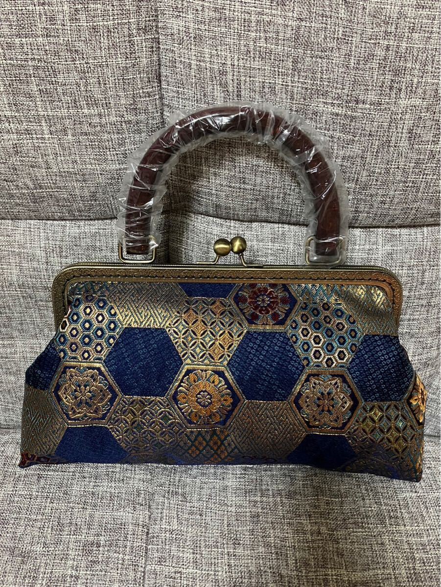 アンズルーム★和美★2WAY がま口バッグ★金襴★ハンドバッグ★ショルダー★青　金