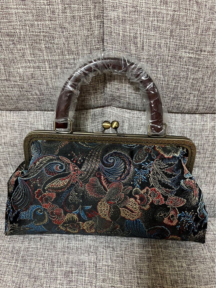 アンズルーム★和美★2WAY がま口バッグ★金襴★ハンドバッグ★ショルダー★黒　花