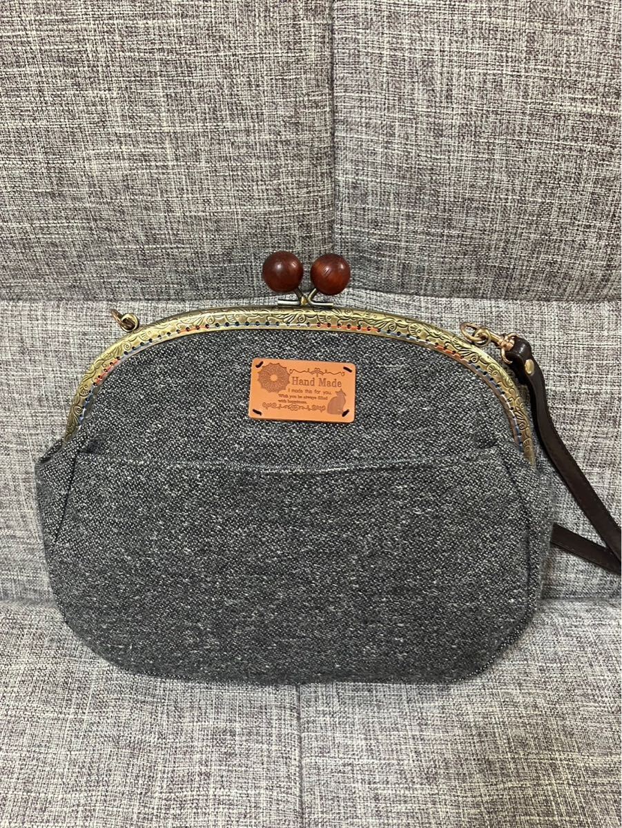アンズルーム★がま口バッグ★ハンドバック★播州織★ツイード★グレー★外ポケット