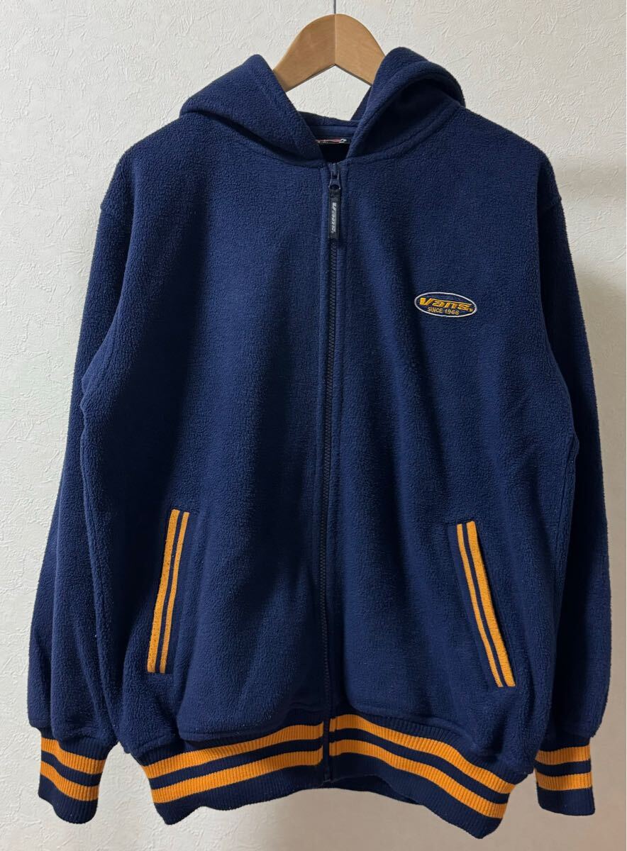 VANS 90s フリースパーカー パーカー size M フリース バンズ ヴァンズ ネイビー 紺 オレンジ フーディー ジップアップ ロゴ