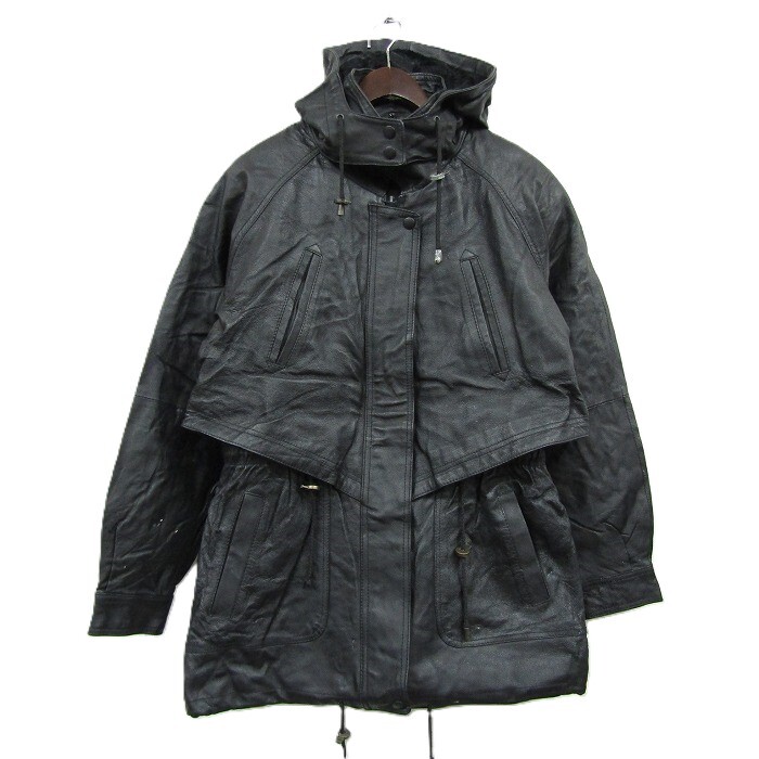 サイズ S NIKO LEATHER レザー デザイン ジャケット フード ライナー 付 ブラック レディース 古着 ビンテージ ST0103
