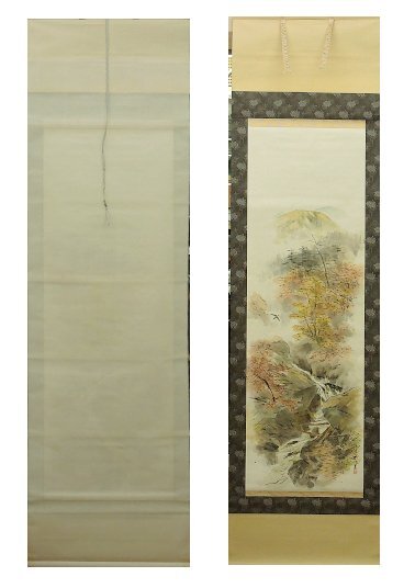 ⑪ 川船水棹 日本画 秋渓清韻 水棹 掛け軸 掛軸 紙に彩色 Japanese hanging scroll 合箱 信州の日本画家 中古 秋 山水