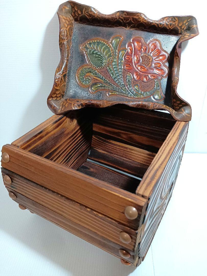 革 レザー トレイ　トレー 花柄 木製 小物入れ 手作り ハンドメイド