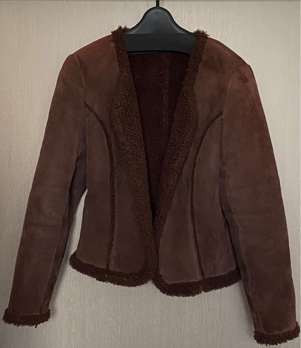 TRUSSARDI　トラサルディ　42　リアルムートン　ファー　羊革　ノーカラー　ジャケット　コート　レディース　カーディガン　ブラウン