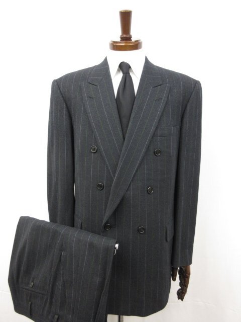 HH最高級 ビキューナ混 超美品【英国屋 EIKOKUYA 英國屋】ダブル6ボタン スーツ (メンズ) 52～54相当 グレー系 ストライプ柄 ◯32RMS0600