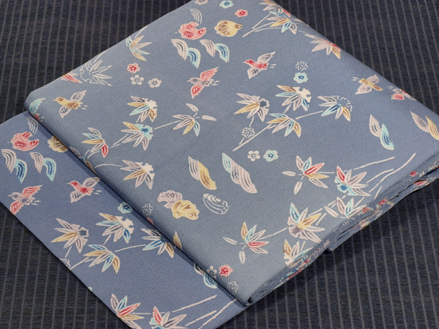 【紅型】水辺に鳥と草花文 縮緬 名古屋帯 創作帯　TAOA02001 風楽