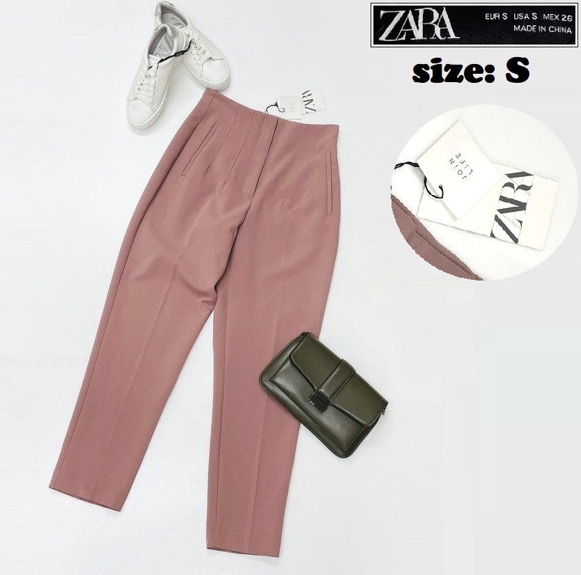 ZARA /S/ ピンク ハイウエストパンツ レディース タグ付き ボトム通勤フォーマルスラックス 生地ストレッチ ホワイトロゴブラックタグ ザラ