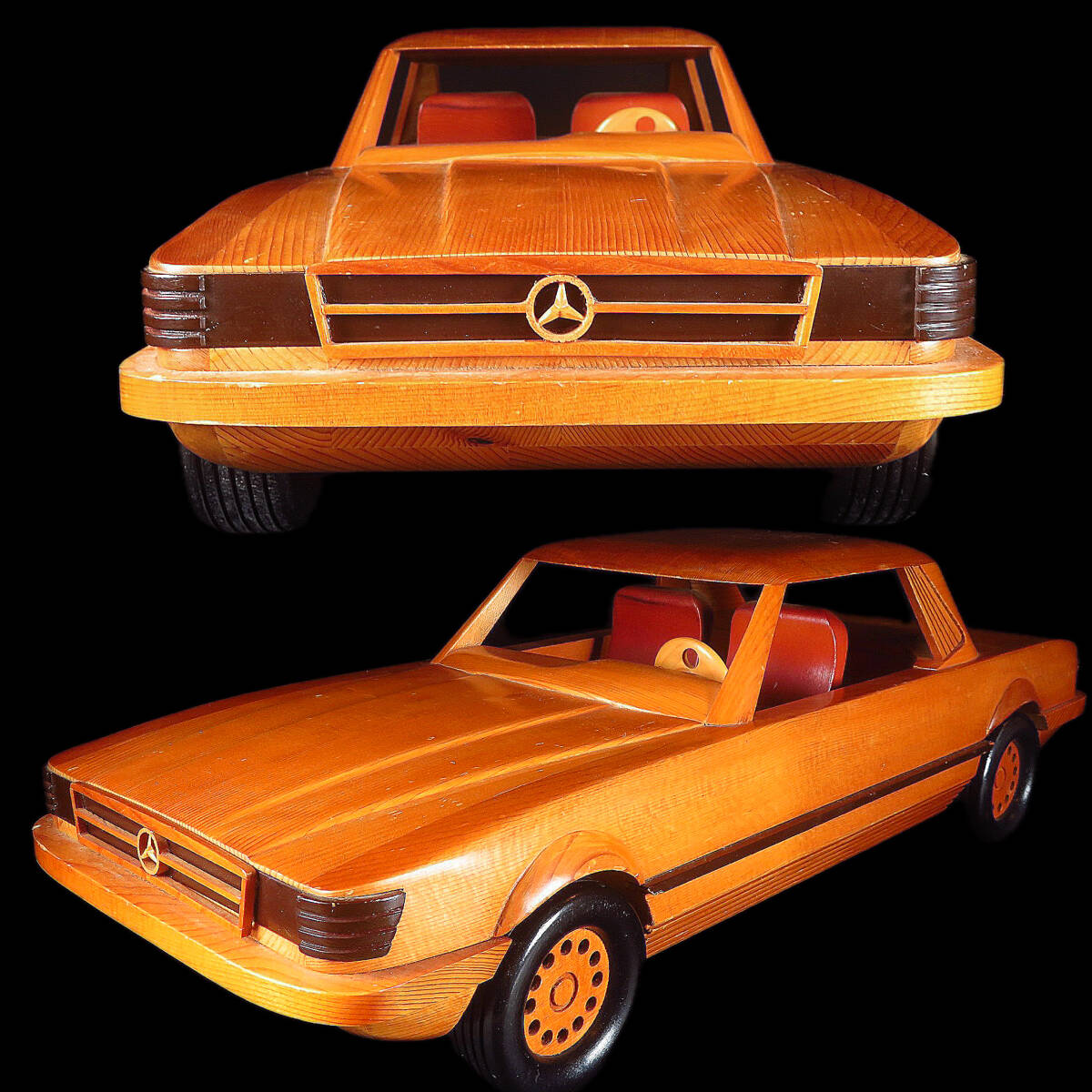 【SAKURAYA】珍品 コレクター所蔵品【木彫 BENZ メルセデスベンツ 500 SLC】希少品 置物 オブジェ 細密彫刻 ミニカー 玩具 木製 全長51.5cm
