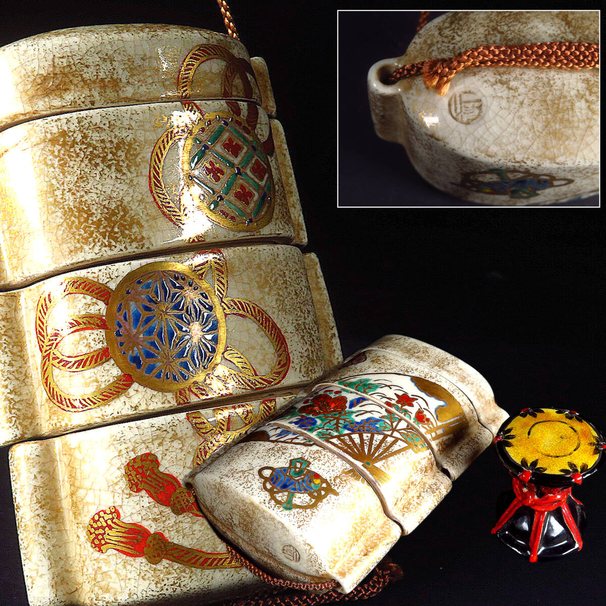 【SAKURAYA】コレクター整理品【金彩色絵扇窓絵草花蹴鞠文印籠/京焼の名工 野々村仁清】小鼓根付 提げ物 時代 作家 骨董品 古美術品 12.5cm