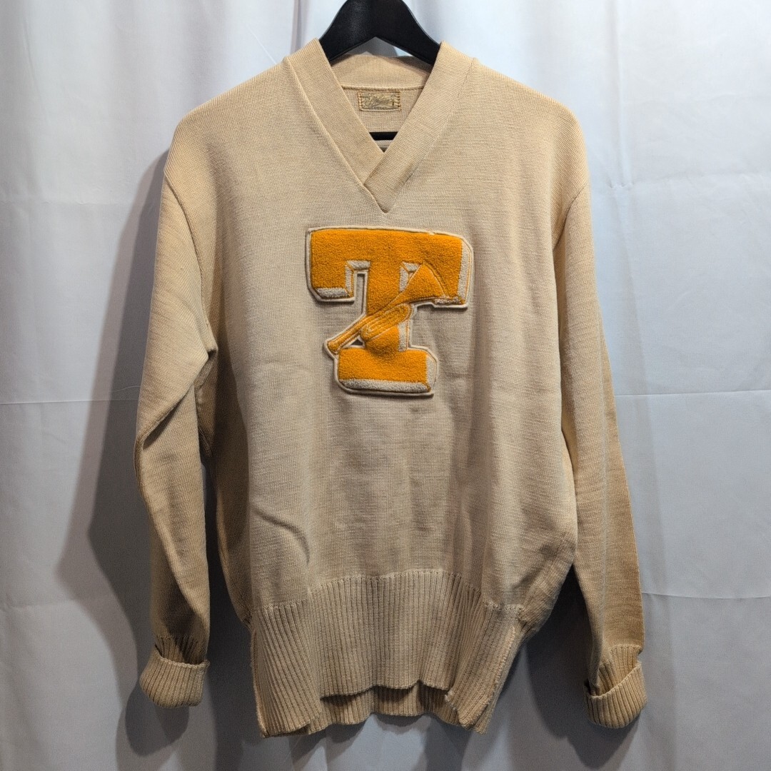 50s Vintage USA製 H.L.Whiting レタード ニット アワード セーター 42 メンズ M相当 長袖 Vネック アメカジ ワッペン ビンテージ