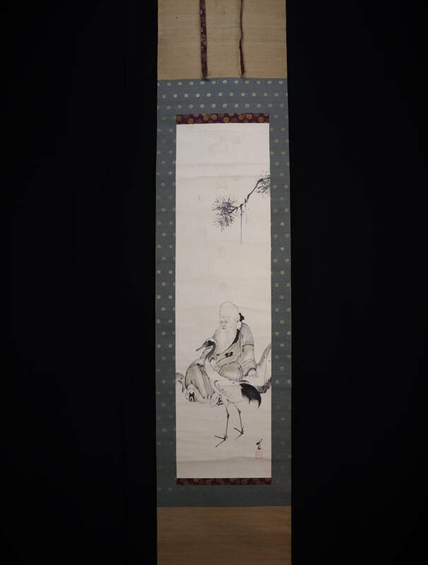 【真作】掛軸・尾竹竹波（1878～1936）・鶴と寿老人・明治～昭和の浮世絵師・尾竹三兄弟の一人