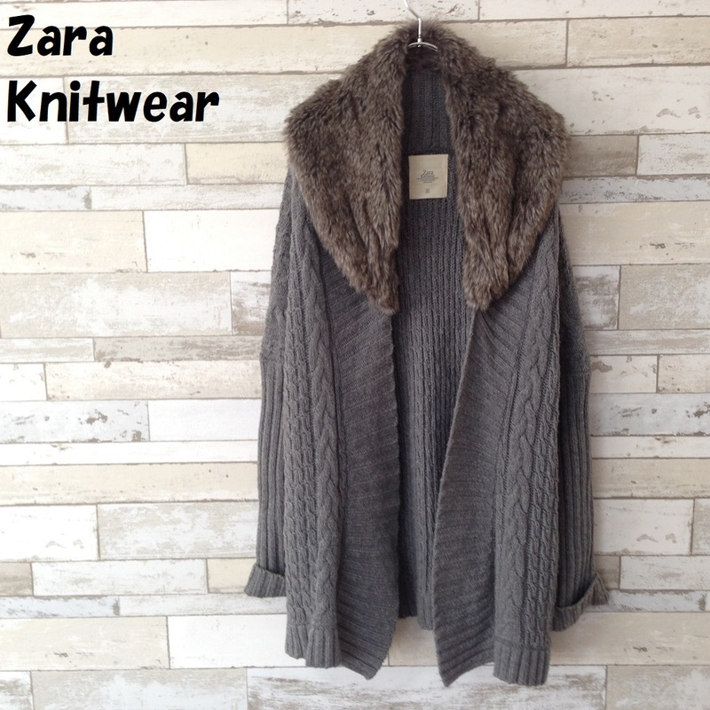 【人気】Zara Knitwear/ザラ ファー襟ケーブルニットガウン グレー サイズM レディース/3874