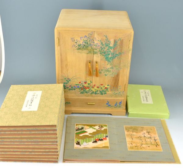 《豪華複製品》土佐　光則「徳川本　源氏物語　書帖」全12巻揃い　箱の土佐絵プリント　フランクリン画廊販売栞添　絵付桐箪笥　9160-4216
