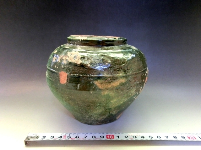 壷■緑釉 丸壺 古い花瓶 オブジェ 土器 須恵器 古玩 唐物 中国 古美術 時代物 骨董品■