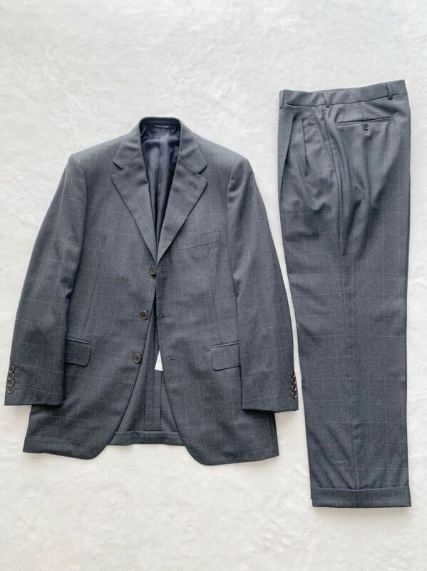 未使用 OLD ENGLAND 春夏 イタリア製ウールスーツ size36 グレー 格子柄 オールドイングランド メンズ ジャケット パンツ