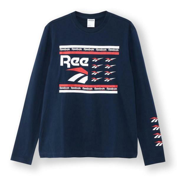 Reebok リーボック Tシャツ 長袖 ネイビー ロゴアレンジ 前後袖プリント M・身幅約54cm※未試着品/未使用品/商品タグ付き/2018年品/非対称