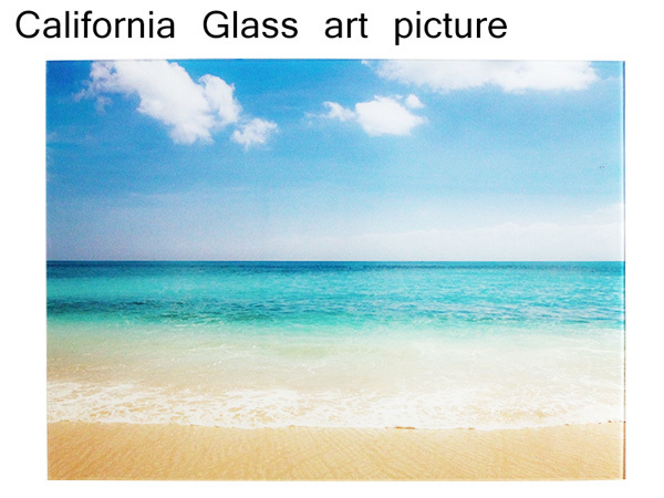 ★白い壁を海にしませんか！ガラス アート ピクチャー L－F (壁掛け) サンセット サーフボード 砂浜 50cm 海 サーフィン 夕焼け 西海岸風