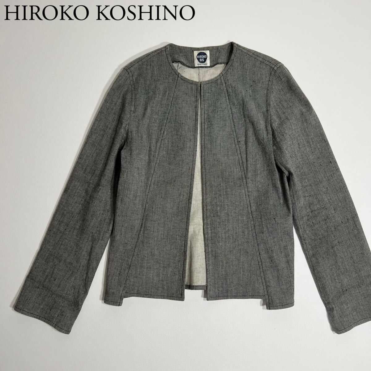 HIROKO BIS ヒロコビス HIROKO KOSHINO ヒロココシノ ノーカラージャケット アウター トップス リネン カジュアル グレー 11 レディース