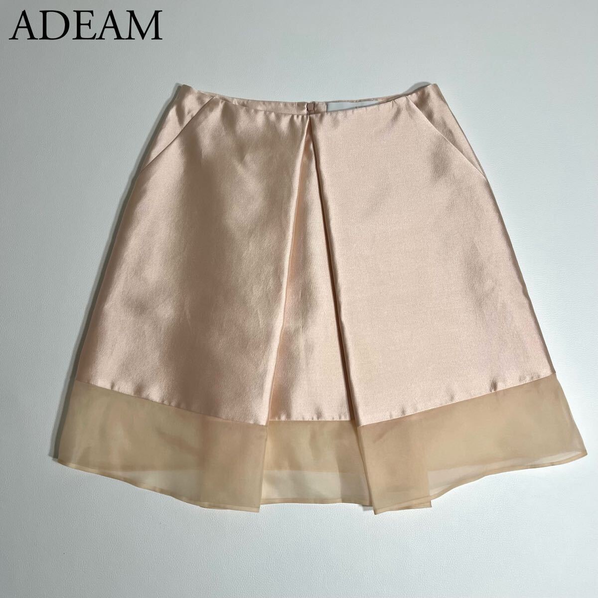 美品 ADEAM アディアム FOXEY フォクシー フレアスカート シルクスカート 膝丈スカート 光沢感 ボックスプリーツ 4 レディース