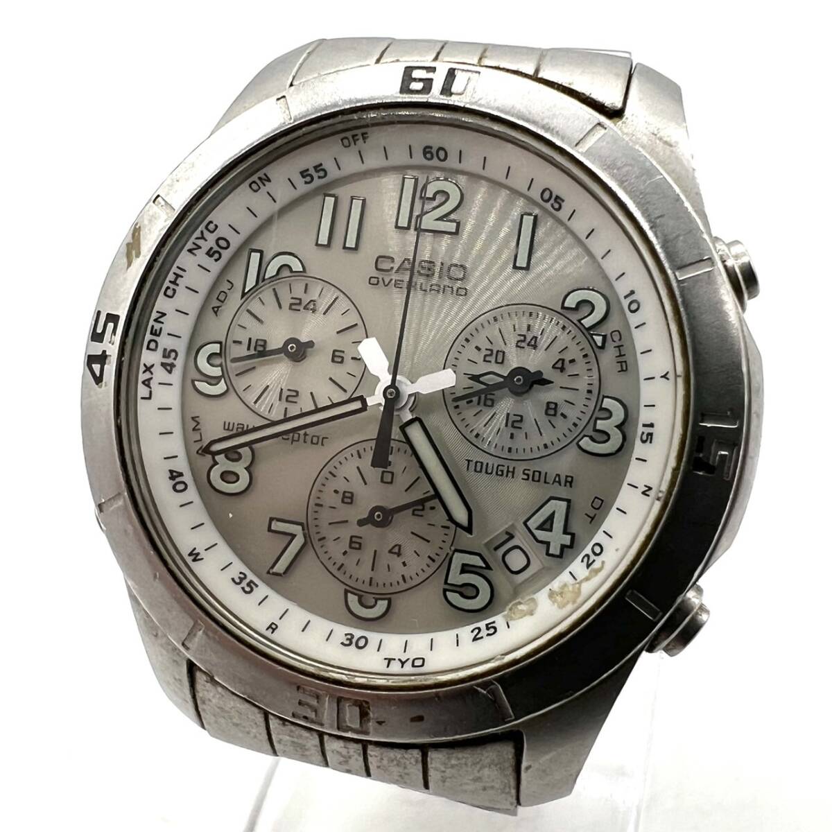 ■【通電OK】 CASIO カシオ OVW-600 OVERLAND オーバーランド 電波ソーラー アナログ クロノグラフ デイト 腕時計 シルバー 現状品