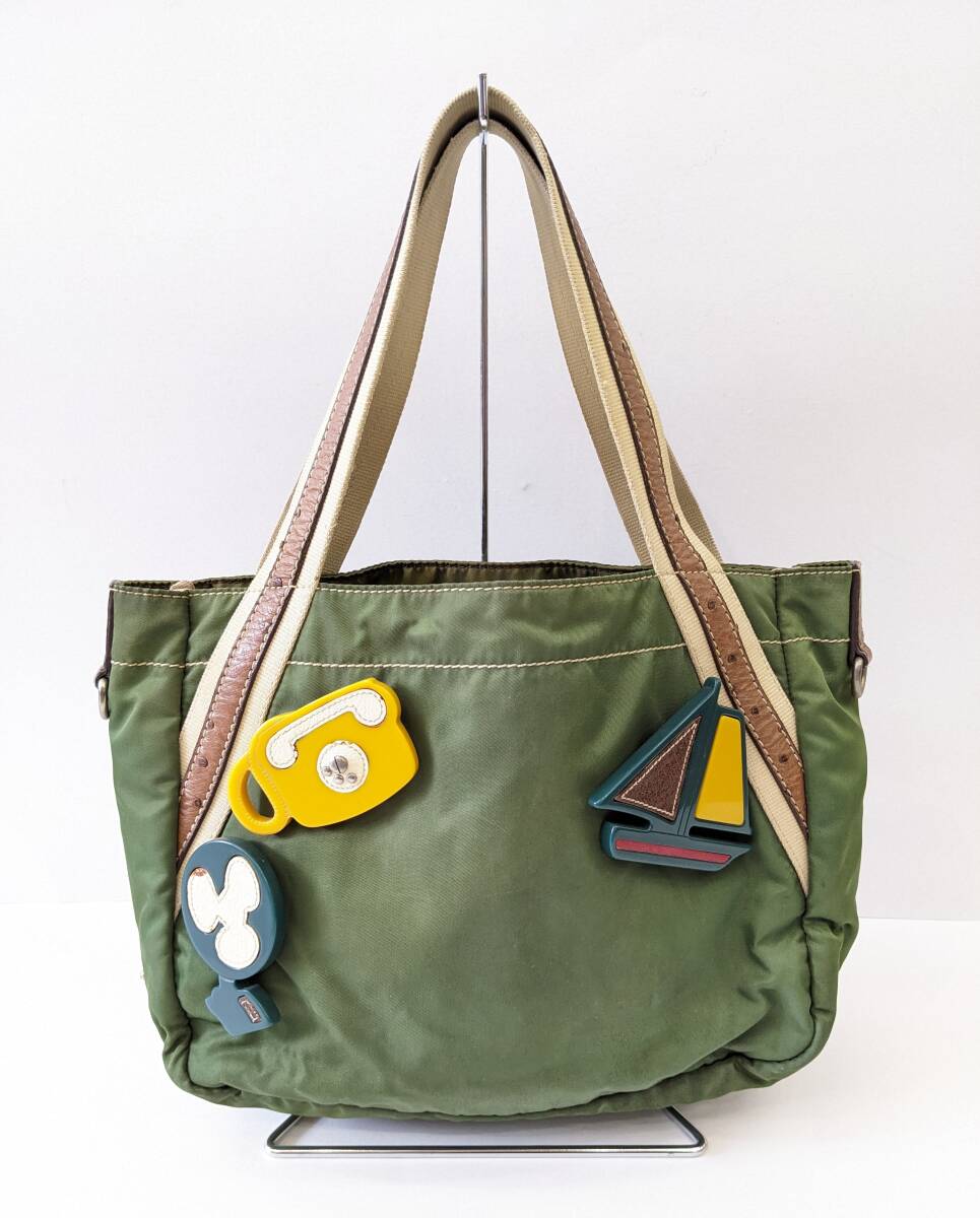 ■PRADA プラダ オーストリッチ×ナイロン ハンドバッグ トートバッグ ブローチ付 テスート グリーン ヨット 電話機 バッジ