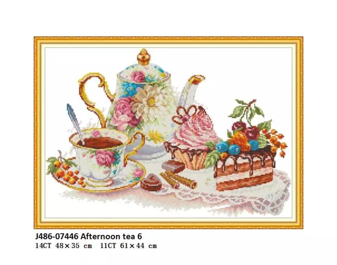 クロスステッチキット Afternoon tea アフタヌーンティー ケーキ 紅茶 ティーカップ 14CT 48×35cm 布に図案印刷なし 刺繍