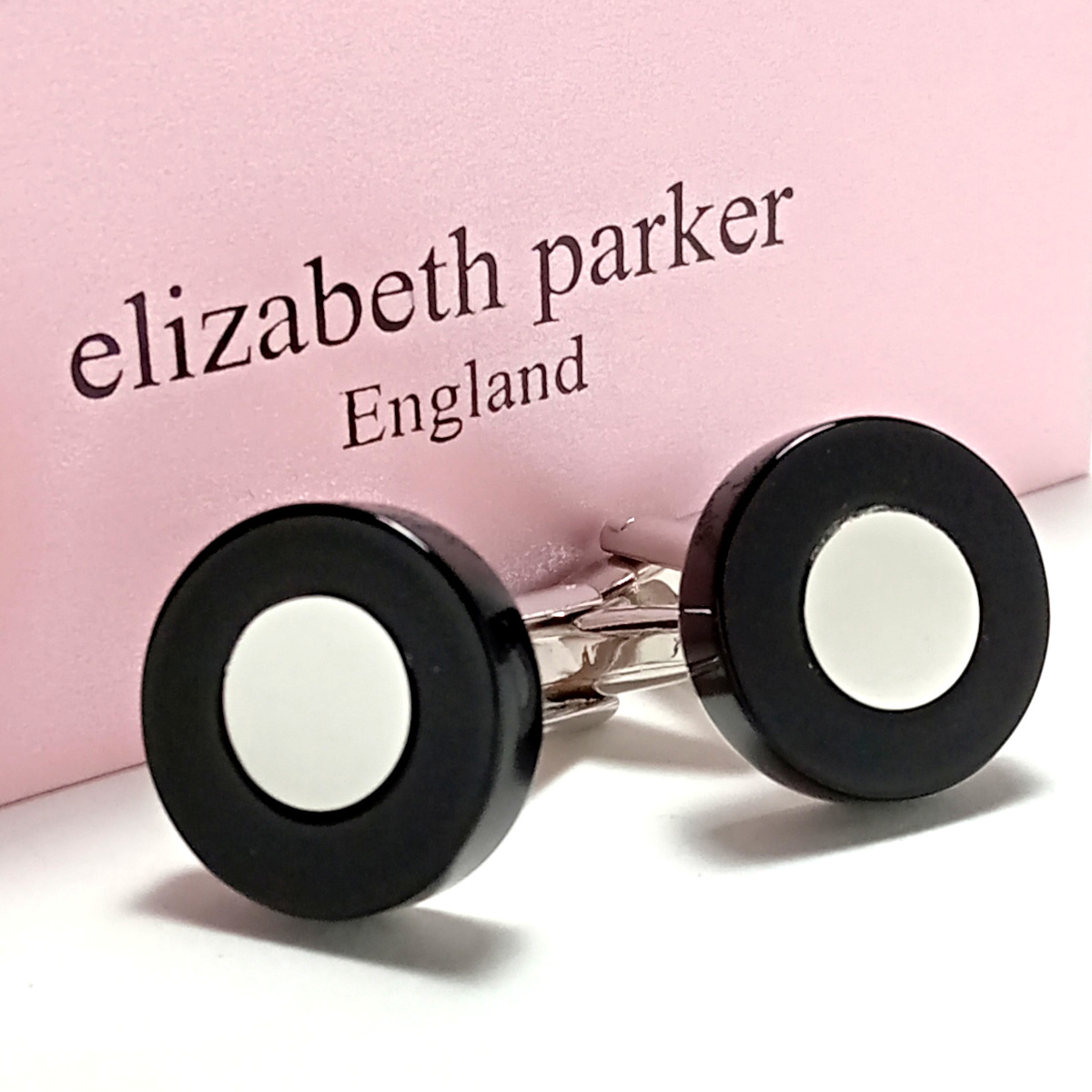 【epc139】ELIZABETH PARKER　エリザベスパーカー　カフス　カフリンクス　シルバー×ブラック　黒　ラウンド　ミラータイプ　